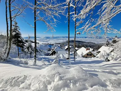 a pile of snow in front of a house at Apartma Maya in Cerklje na Gorenjskem