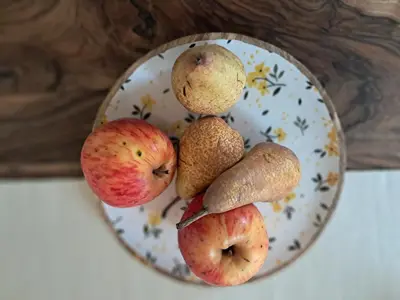 a plate with apples and other fruits and vegetables at Posestvo Brida - Glamping in Ilirska Bistrica