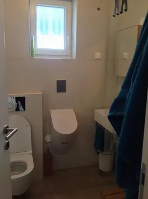 a small bathroom with a toilet and a window at A modern flat in Kranjska Gora