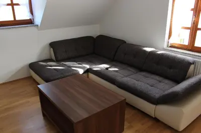 a living room with a couch and a coffee table at Hiša nasprot Sonca in Črnomelj