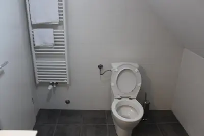 a small bathroom with a toilet with the lid up at Hiša nasprot Sonca in Črnomelj