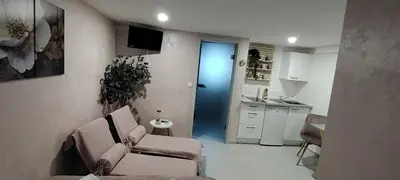 a living room with two chairs and a kitchen at Mini wellness studio-near the airport in Smlednik
