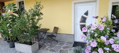 a bunch of flowers in front of a door at Mini wellness studio-near the airport in Smlednik