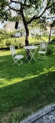 two chairs and a table in the grass under a tree at Mini wellness studio-near the airport in Smlednik