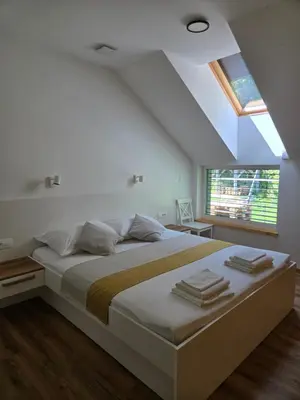a bedroom with a large bed with a skylight at Agregat in Ljubljana