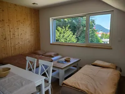 a room with two beds and a table and a window at Agregat in Ljubljana