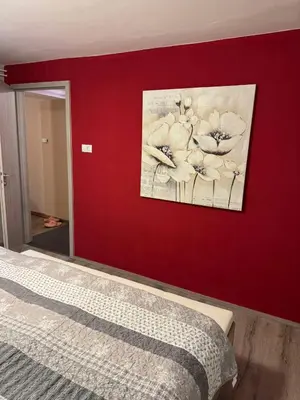 a bedroom with a red wall with a painting of flowers at Blue Sky Apartment in Bled