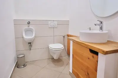 a bathroom with a toilet and a sink and a urinal at Hisa na Zlatem polju in Lukovica pri Domžalah