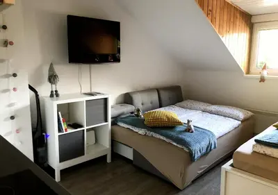 a small bedroom with a bed and a tv on the wall at Apartment Misty Forest in Kranjska Gora