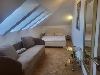 a living room with a couch and a bed at Kmečka Vila in Višnja Gora