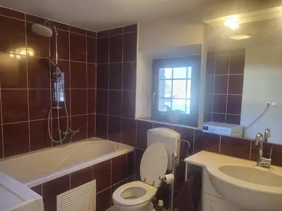 a bathroom with a toilet and a tub and a sink at Kmečka Vila in Višnja Gora