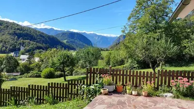 a fence with potted plants and mountains in the background at Cottage Stela Bohinj in Bohinj