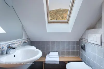 a bathroom with a sink and a toilet with a window at Apartmaji Potepuh in Kranjska Gora