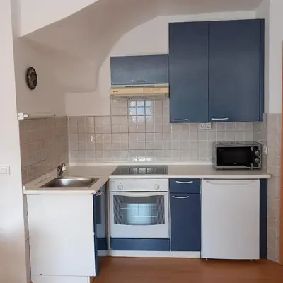 a kitchen with blue and white cabinets and a sink at Apartma pri Milki in Cerkno