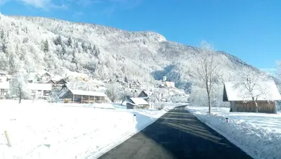 a snow covered village with a mountain in the background at Apartma pri Hrvatu in Bohinj