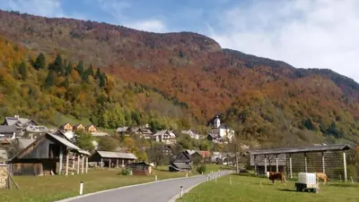 a village with a road in front of a mountain at Apartma pri Hrvatu in Bohinj