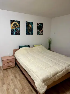 a bedroom with a bed and three paintings on the wall at Apartment River in Vitanje