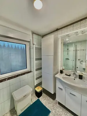 a bathroom with a sink and a toilet and a window at Apartment River in Vitanje