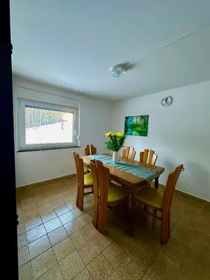 a dining room with a table and chairs and a window at Apartment River in Vitanje