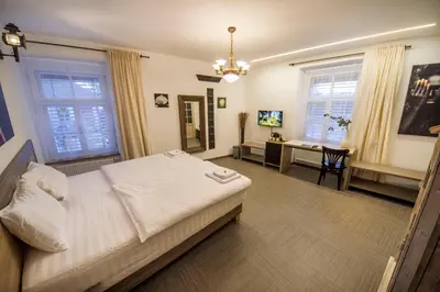 a bedroom with a bed and a desk and windows at OH Apartments & Rooms in Ljubljana