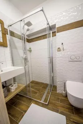 a bathroom with a shower and a toilet at OH Apartments & Rooms in Ljubljana
