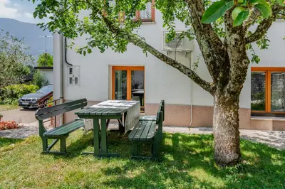 a picnic table and two benches next to a tree at Apartments Wojcicky in Bovec