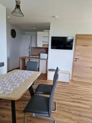 a room with a table and chairs and a kitchen at Apartmaji Pr Ambružarju in Cerklje na Gorenjskem