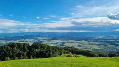 a green hill with a house on top of it at Apartmaji Pr Ambružarju in Cerklje na Gorenjskem