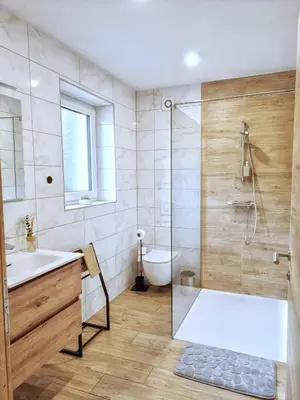 a bathroom with a shower and a tub and a sink at Apartments Zlati Rog in Kranjska Gora