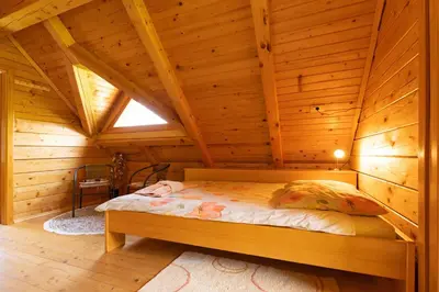 a bedroom with a bed in a wooden room at Apartma Brunarca in Borovnica