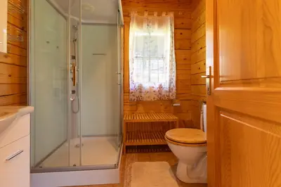 a bathroom with a toilet and a glass shower at Apartma Brunarca in Borovnica