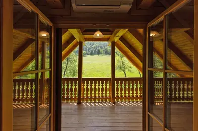 a view from the inside of a screened in porch at Apartma Brunarca in Borovnica