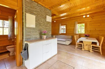 a kitchen and living room of a log cabin at Apartma Brunarca in Borovnica