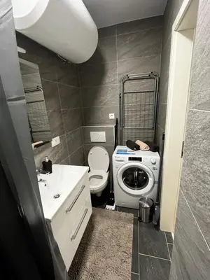 a small bathroom with a washing machine in it at Apartmaji MAS 2 in Ljubljana