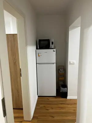 a kitchen with a white refrigerator and a microwave at Apartmaji MAS 2 in Ljubljana