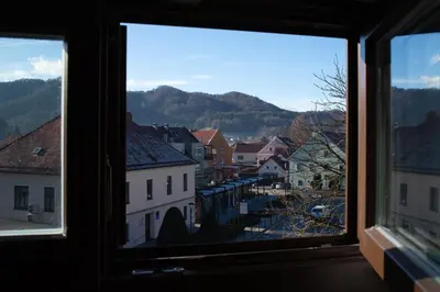 a view of a city from a window at Gostišče Pod Kostanji in Dobrna