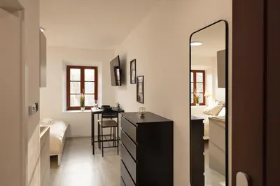 a bathroom with a black dresser and a mirror at Apartments Napoleon in Ljubljana