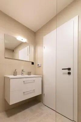 a bathroom with a sink and a glass shower door at Apartments Napoleon in Ljubljana