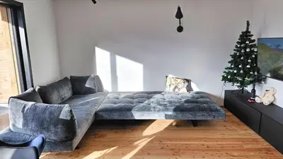 a living room with a couch and a christmas tree at Alpine Retreat house Šurc in Rateče