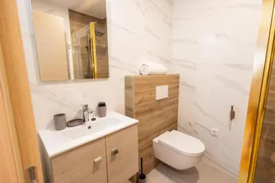 a bathroom with a white sink and a toilet at Hozi House -4 cozy apartment's in Ljubljana