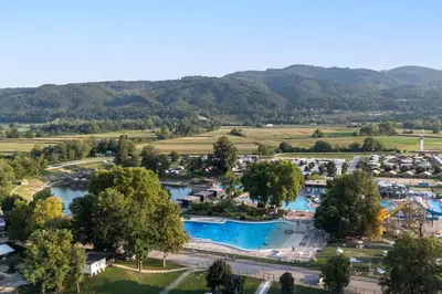 an aerial view of a water park in the mountains at Eurocamp Mobile Homes Terme Catez in Brežice