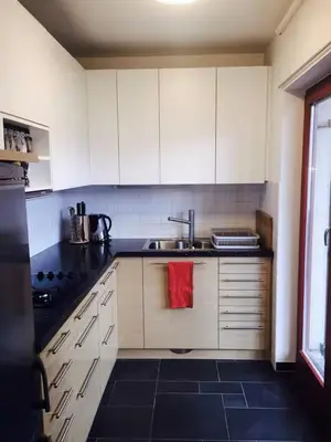 a kitchen with white cabinets and a sink and a red towel at Apartment Happy Place in Bohinj