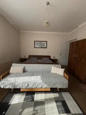 a bedroom with a large bed with a wooden headboard at Apartma Prisojnik in Kranjska Gora
