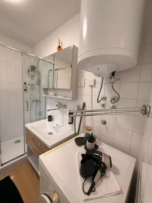 a white bathroom with a sink and a shower at Apartment by MICHELLE - Terme Čatež House in Čatež ob Savi