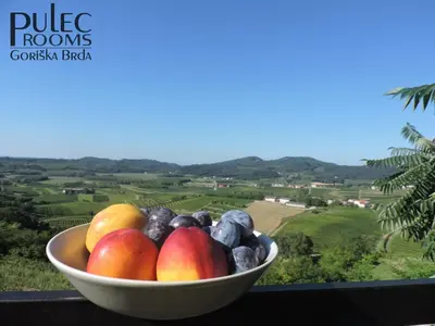 a bowl of fruit sitting on top of a ledge at Apartma Sobe Pulec in Dobrovo