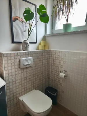 a bathroom with a toilet and a picture and plants at Family Nest near Ljubljana with free parking in Dobrova