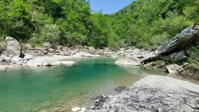a river with blue water and rocks and trees at Apartma Mia Nadiža in Kobarid