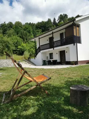 a chair in the grass in front of a house at Apartma Mia Nadiža in Kobarid