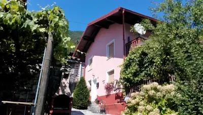 a pink house with vines on the side of it at Apartment Pri Bricu in Kobarid