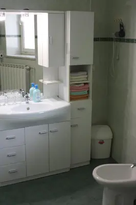 a bathroom with a white sink and a toilet at Apartment Pri Bricu in Kobarid
